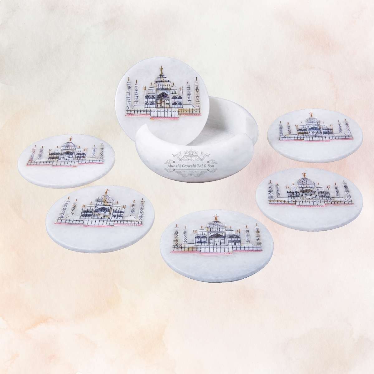 Taj Mahal Carved Design Marble Coaster